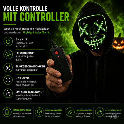 Halloween-Maske mit grüner LED-Beleuchtung – Steuerelement in der Hand