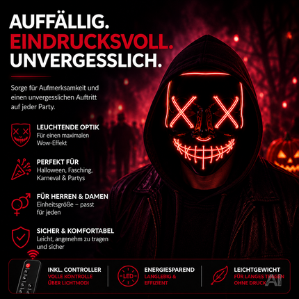 Halloween Maske Purge LED rot - Kostümmaske steuerbar für Halloween, Fasching & Karneval