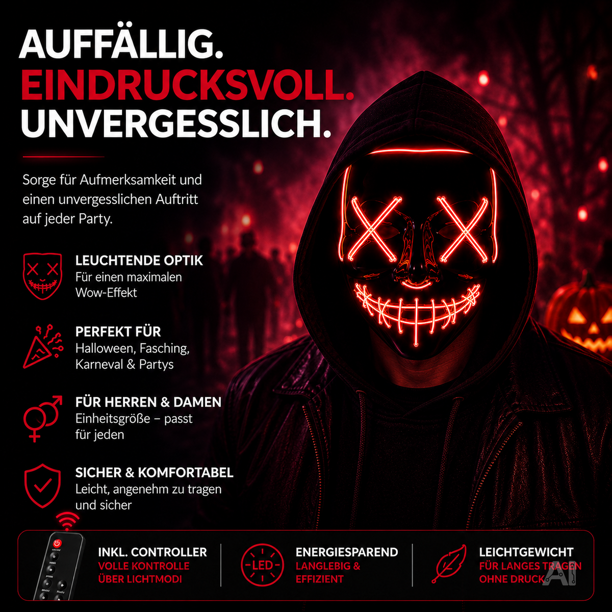 Halloween-Maske mit roter LED-Beleuchtung