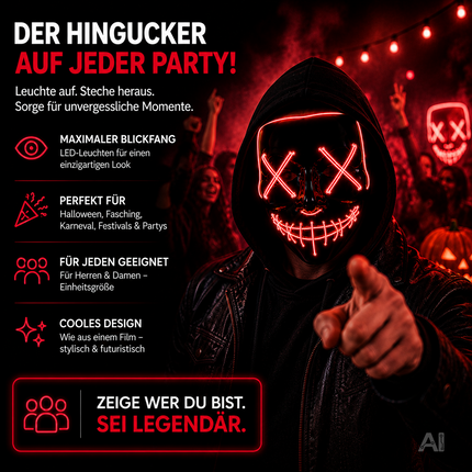 Halloween Maske Purge LED rot - Kostümmaske steuerbar für Halloween, Fasching & Karneval