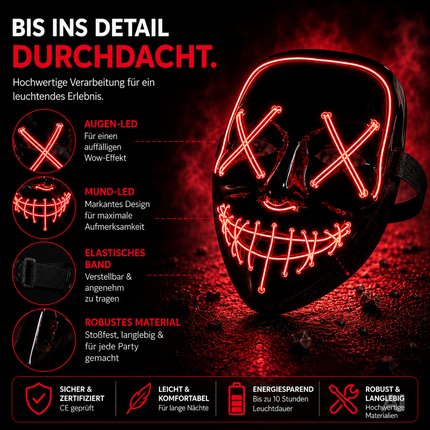 Halloween Maske Purge LED rot - Kostümmaske steuerbar für Halloween, Fasching & Karneval