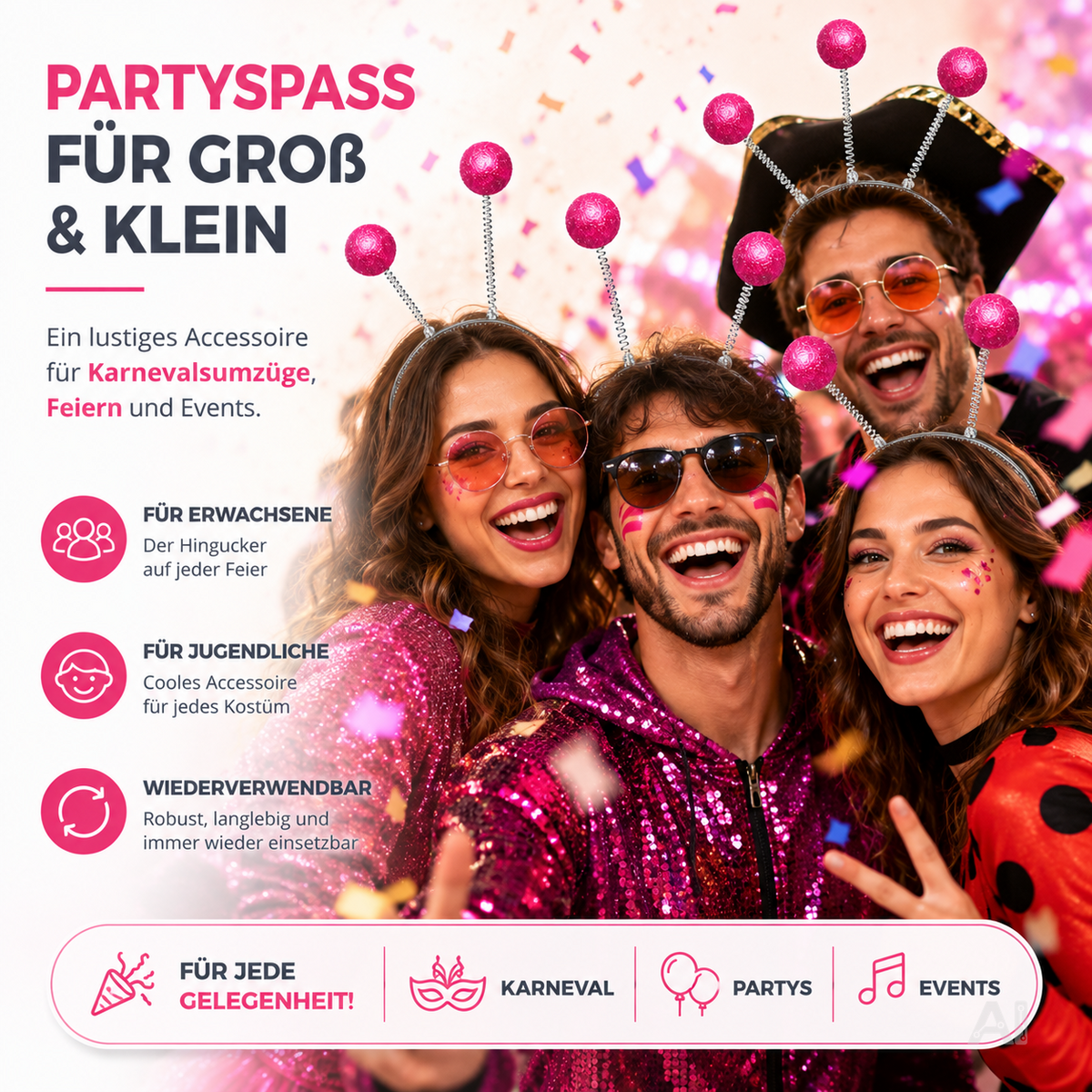 Pinker Haarreif mit wackelnden Fühlern
