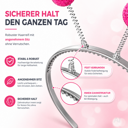 Pinker Haarreif mit wackelnden Fühlern – Nahaufnahme des Haarreifs
