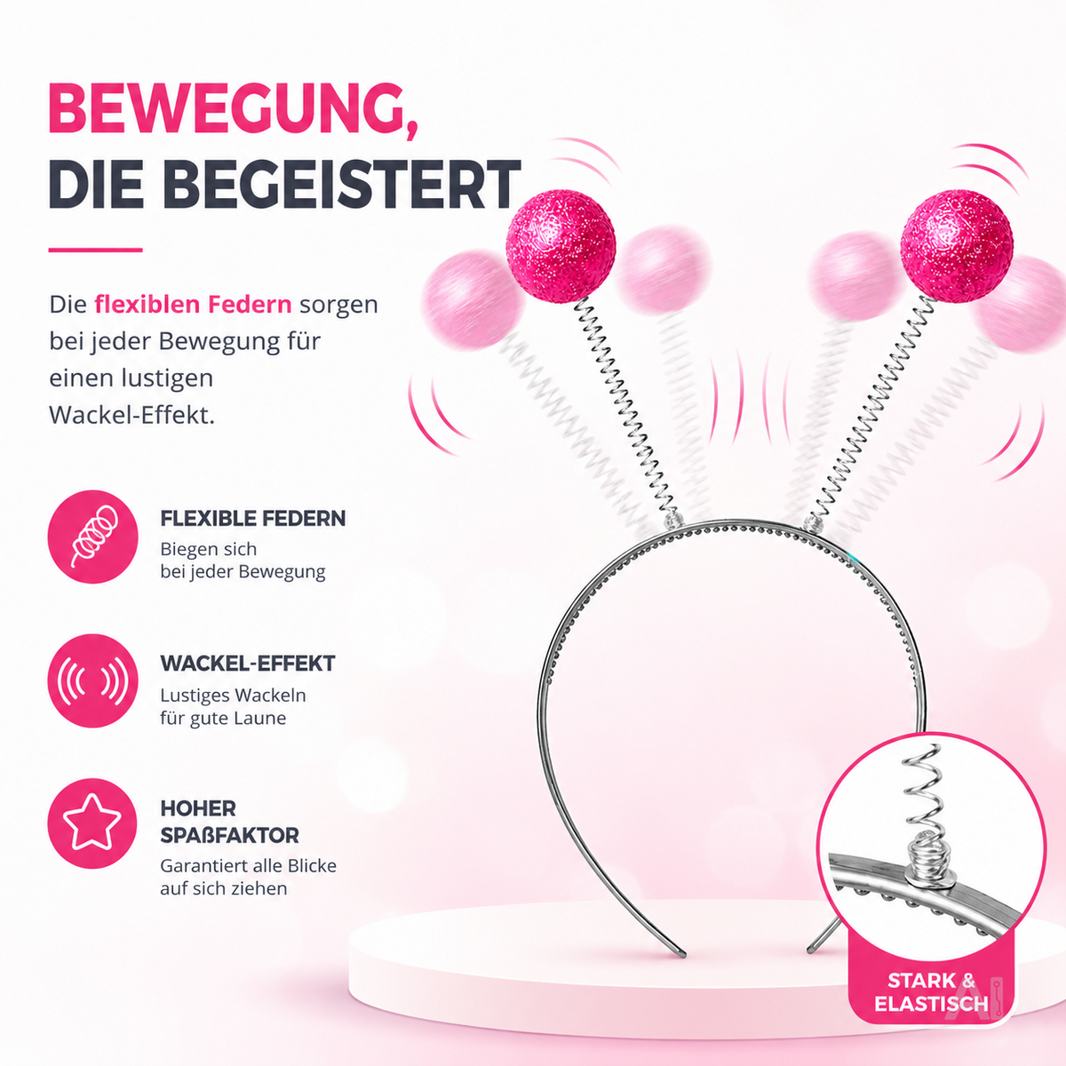 Pinker Haarreif mit wackelnden Fühlern – Nahaufnahme der Spiralfedern