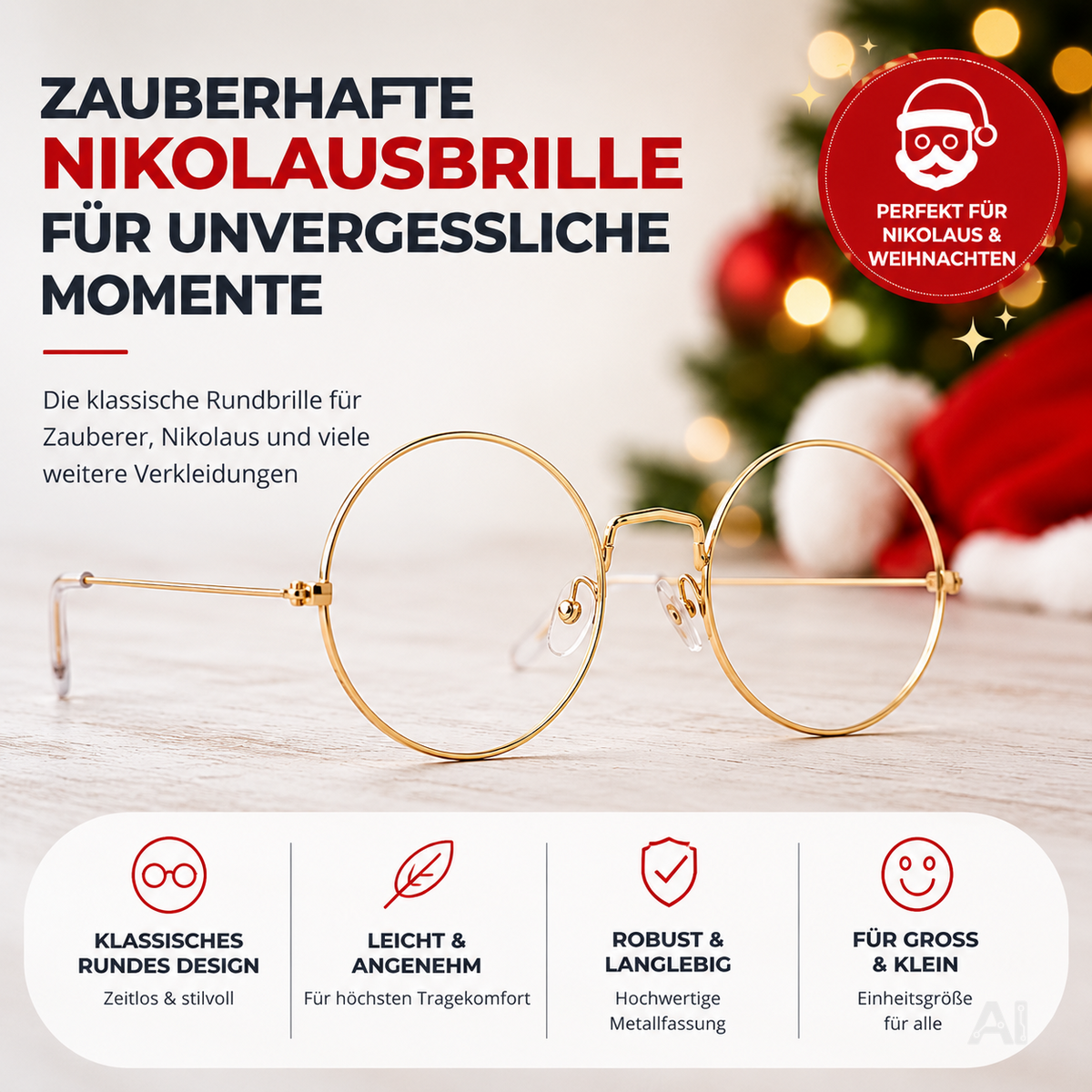 Runde Brille für ein Weihnachtsmannkostüm – Nahaufnahme der Brille