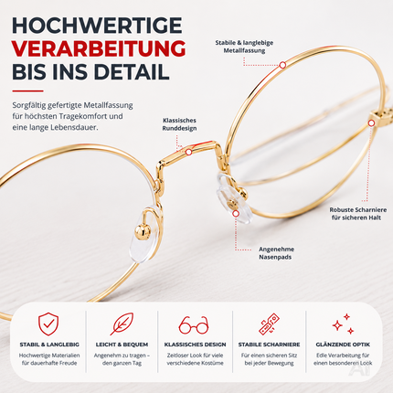 Runde Brille für ein Weihnachtsmannkostüm – Nahaufnahme von Scharnier und Bügel