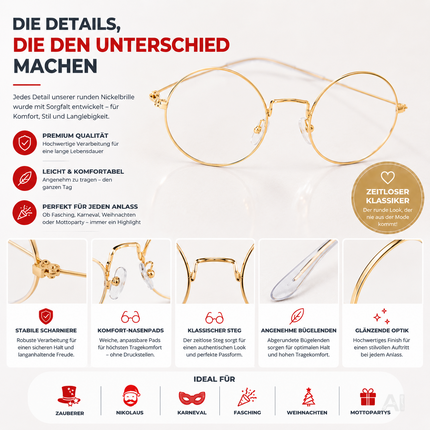 Runde Brille für ein Weihnachtsmannkostüm – Nahaufnahme des Gestells