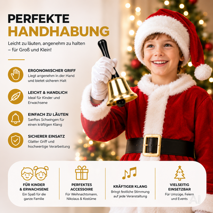 Goldfarbene Weihnachtsglocke mit schwarzem Griff – von einem Kind gehalten