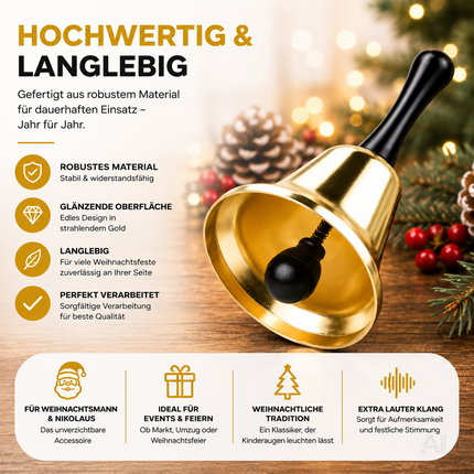Goldfarbene Weihnachtsglocke mit schwarzem Griff