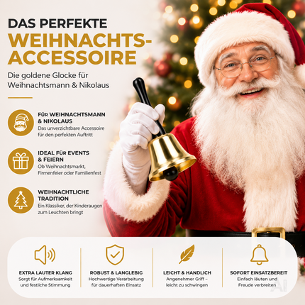 Goldfarbene Weihnachtsglocke mit schwarzem Griff – von einem Weihnachtsmann gehalten