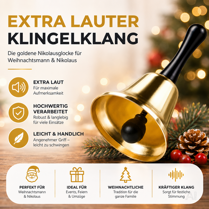 Goldfarbene Weihnachtsglocke mit schwarzem Griff