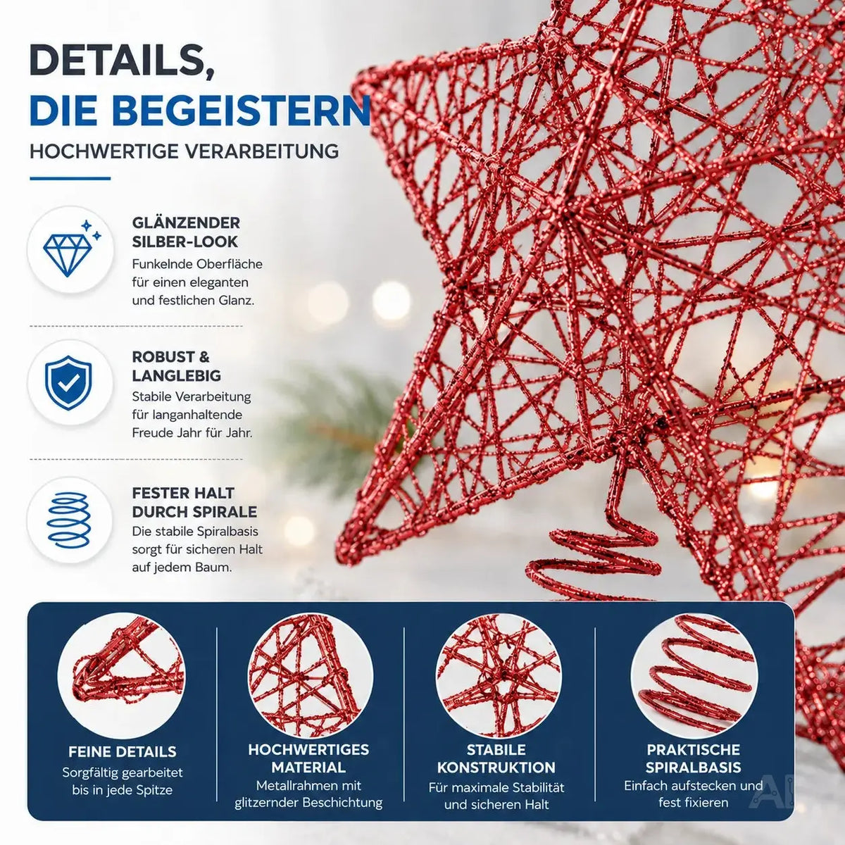 Christbaumspitze Stern - Baumspitze & Tannenbaum Aufstecker für Weihnachten – Detailansicht 6