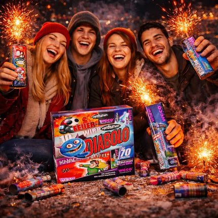 Diabolo XXL Set 70 Teile – Jugendspaß und Tischartikel Kat. F1 für Partys, Silvester und Jugendliche & Kinder 2026 - Jugendfeuerwerk