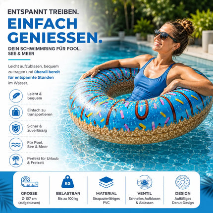 Donut Schwimmring aufblasbar Ø 120 cm – Schwimmreifen für Pool, See, Strand & Wasser (Donut Blau)