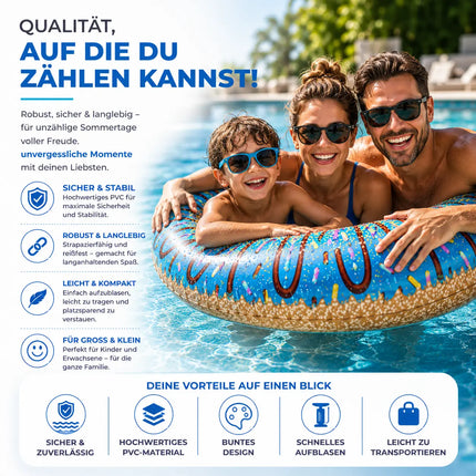 Donut Schwimmring aufblasbar Ø 120 cm – Schwimmreifen für Pool, See, Strand & Wasser (Donut Blau)