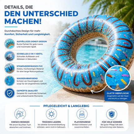 Donut Schwimmring aufblasbar Ø 120 cm – Schwimmreifen für Pool, See, Strand & Wasser (Donut Blau)