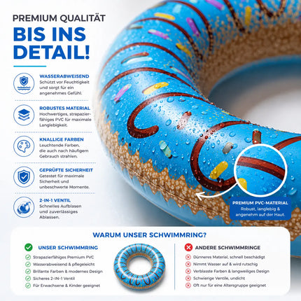 Donut Schwimmring aufblasbar Ø 120 cm – Schwimmreifen für Pool, See, Strand & Wasser (Donut Blau)