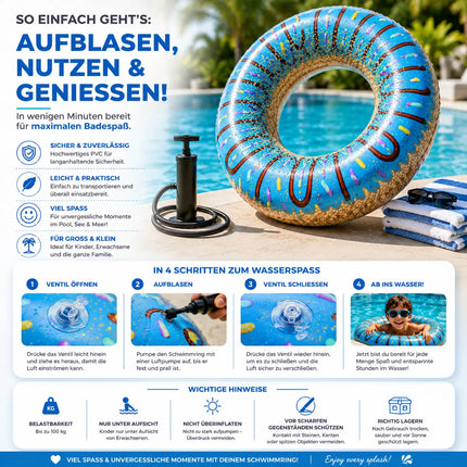 Donut Schwimmring aufblasbar Ø 120 cm – Schwimmreifen für Pool, See, Strand & Wasser (Donut Blau)
