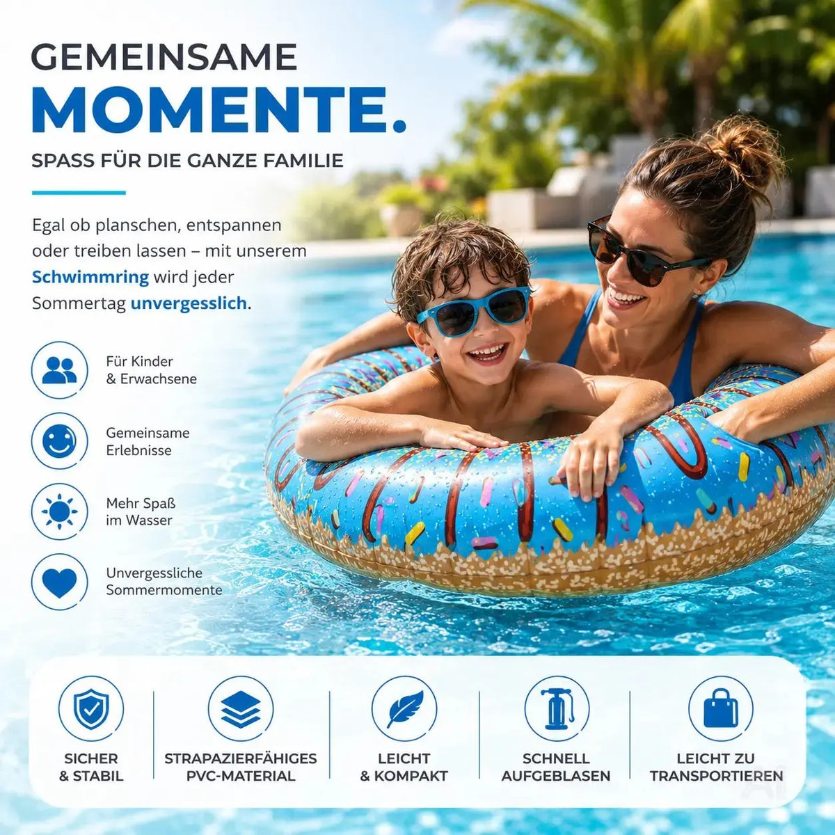 Donut Schwimmring aufblasbar Ø 120 cm – Schwimmreifen für Pool, See, Strand & Wasser – Detailansicht 2