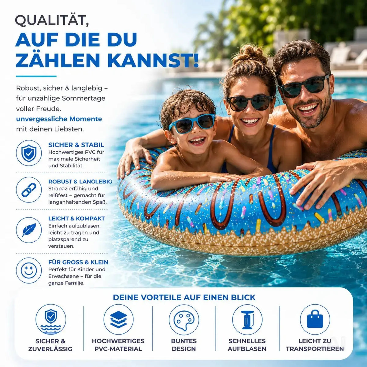 Donut Schwimmring aufblasbar Ø 120 cm – Schwimmreifen für Pool, See, Strand & Wasser – Detailansicht 6