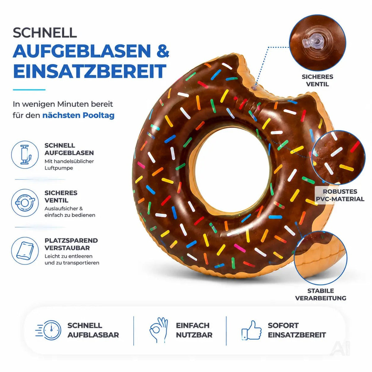 Donut Schwimmring aufblasbar Ø 120 cm – Schwimmreifen für Pool, See, Strand & Wasser – Detailansicht 3
