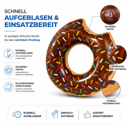 Donut Schwimmring aufblasbar Ø 120 cm – Schwimmreifen für Pool, See, Strand & Wasser (Donut Braun)