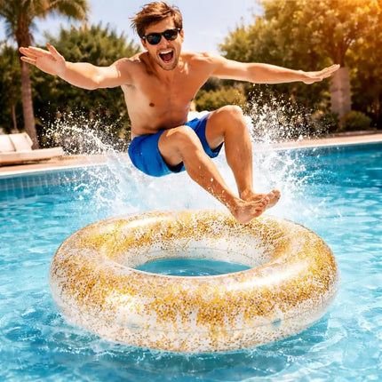 Donut Schwimmring aufblasbar Ø 120 cm – Schwimmreifen für Pool, See, Strand & Wasser (Donut Glitzer)