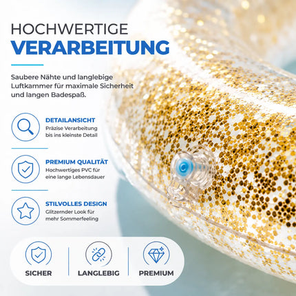 Donut Schwimmring aufblasbar Ø 120 cm – Schwimmreifen für Pool, See, Strand & Wasser (Donut Glitzer)