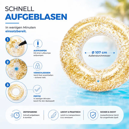 Donut Schwimmring aufblasbar Ø 120 cm – Schwimmreifen für Pool, See, Strand & Wasser (Donut Glitzer)
