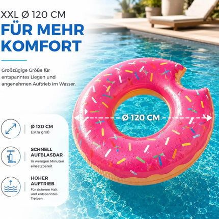Donut Schwimmring aufblasbar Ø 120 cm – Schwimmreifen für Pool, See, Strand & Wasser (Donut Pink)