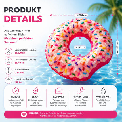 Donut Schwimmring aufblasbar Ø 120 cm – Schwimmreifen für Pool, See, Strand & Wasser (Donut Streusel)