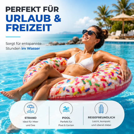 Donut Schwimmring aufblasbar Ø 120 cm – Schwimmreifen für Pool, See, Strand & Wasser (Donut Streusel)
