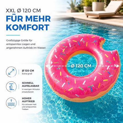 Donut Schwimmring mit 1x Getränkehalter aufblasbar - 120 cm Schwimmreifen für Pool & Wasser - Kinder & Erwachsene Pink