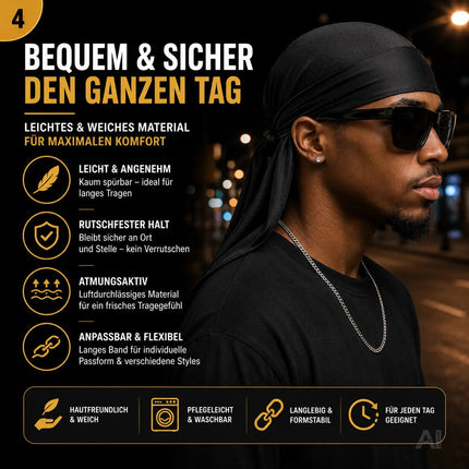 Durag – Kostüm Kopfbedeckung für Waves, Locken & Zöpfe – Turban/Pirat Kostüm für Fasching & Karneval Hip Hop (Schwarz)