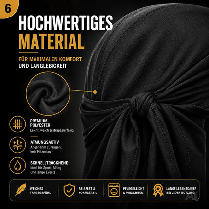 Durag – Kostüm Kopfbedeckung für Waves, Locken & Zöpfe – Turban/Pirat Kostüm für Fasching & Karneval Hip Hop (Schwarz)