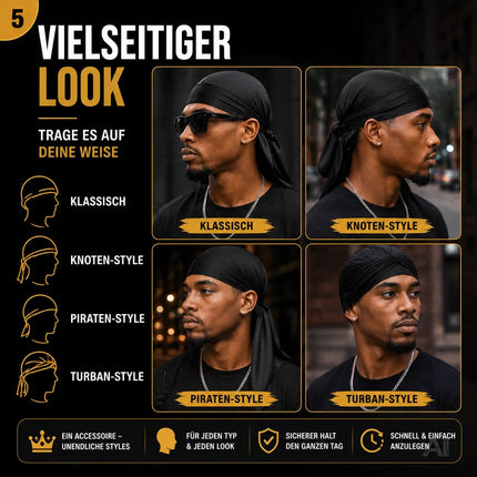 Durag – Kostüm Kopfbedeckung für Waves, Locken & Zöpfe – Turban/Pirat Kostüm für Fasching & Karneval Hip Hop (Schwarz)