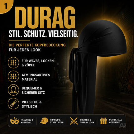 Durag – Kostüm Kopfbedeckung für Waves, Locken & Zöpfe – Turban/Pirat Kostüm für Fasching & Karneval Hip Hop (Schwarz)