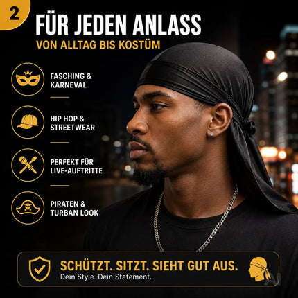 Durag – Kostüm Kopfbedeckung für Waves, Locken & Zöpfe – Turban/Pirat Kostüm für Fasching & Karneval Hip Hop (Schwarz)