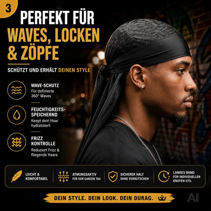 Durag – Kostüm Kopfbedeckung für Waves, Locken & Zöpfe – Turban/Pirat Kostüm für Fasching & Karneval Hip Hop (Schwarz)