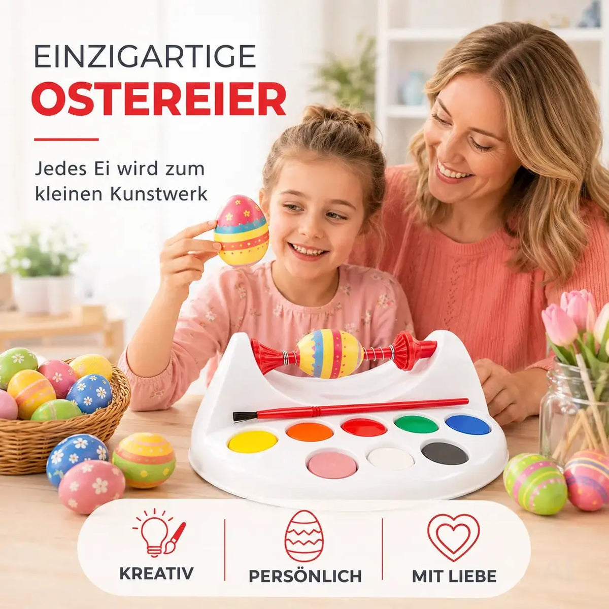 Eierfarbe 1x Eiermalmaschine mit Halterung, Farben & Pinsel - Malgerät Ostereier, fester Halt – Detailansicht 2