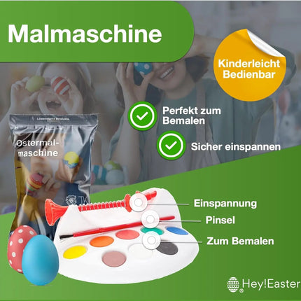 Eierfarbe 4x Eiermalmaschine mit Halterung, Farben & Pinsel - Malgerät Ostereier, fester Halt