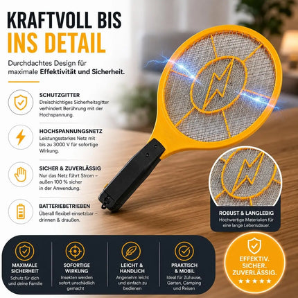 Elektrische Fliegenklatsche Batteriebetrieben – Insekten- und Mückenfänger für Fliegen, Mücken und andere Insekten (Gelb 43,5 cm)
