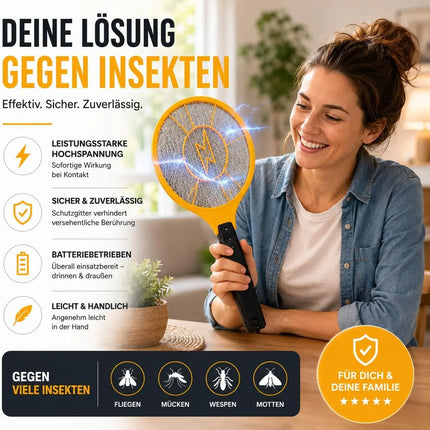 Elektrische Fliegenklatsche Batteriebetrieben – Insekten- und Mückenfänger für Fliegen, Mücken und andere Insekten (Gelb 43,5 cm)
