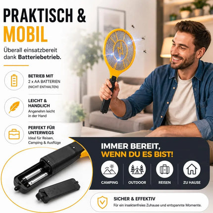 Elektrische Fliegenklatsche Batteriebetrieben – Insekten- und Mückenfänger für Fliegen, Mücken und andere Insekten (Gelb 43,5 cm)
