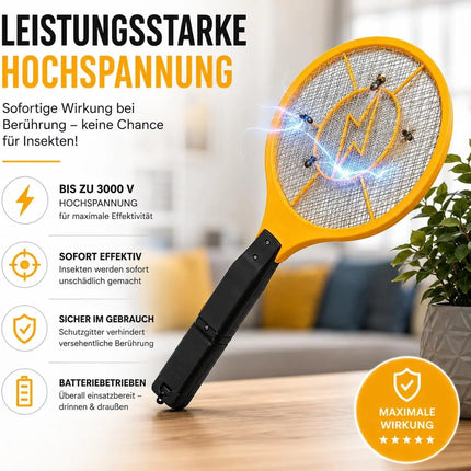 Elektrische Fliegenklatsche Batteriebetrieben – Insekten- und Mückenfänger für Fliegen, Mücken und andere Insekten (Gelb 43,5 cm)