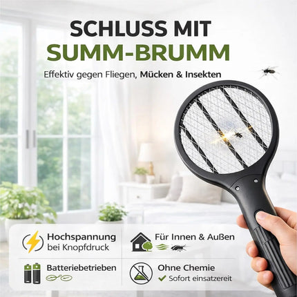 Elektrische Fliegenklatsche Batteriebetrieben – Insekten- und Mückenfänger für Fliegen, Mücken und andere Insekten (Schwarz 33,5 cm)