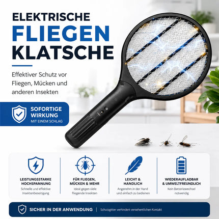 Elektrische Fliegenklatsche Batteriebetrieben – Insekten- und Mückenfänger für Fliegen, Mücken und andere Insekten (Schwarz 33,5 cm)