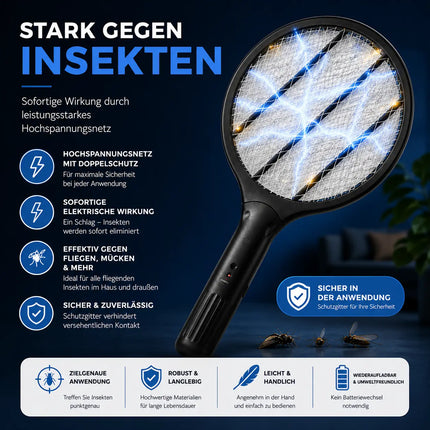 Elektrische Fliegenklatsche Batteriebetrieben – Insekten- und Mückenfänger für Fliegen, Mücken und andere Insekten (Schwarz 33,5 cm)