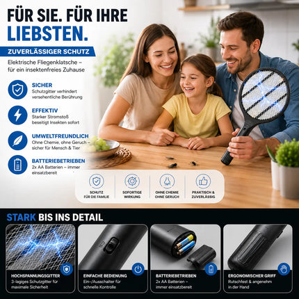 Elektrische Fliegenklatsche Batteriebetrieben – Insekten- und Mückenfänger für Fliegen, Mücken und andere Insekten (Schwarz 33,5 cm)