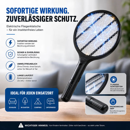 Elektrische Fliegenklatsche Batteriebetrieben – Insekten- und Mückenfänger für Fliegen, Mücken und andere Insekten (Schwarz 33,5 cm)